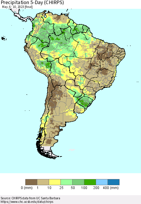 South America Precipitation 5-Day (CHIRPS) Thematic Map For 5/6/2023 - 5/10/2023