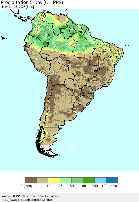 South America Precipitation 5-Day (CHIRPS) Thematic Map For 5/11/2023 - 5/15/2023