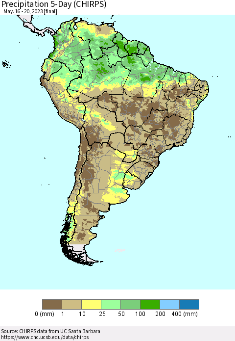 South America Precipitation 5-Day (CHIRPS) Thematic Map For 5/16/2023 - 5/20/2023