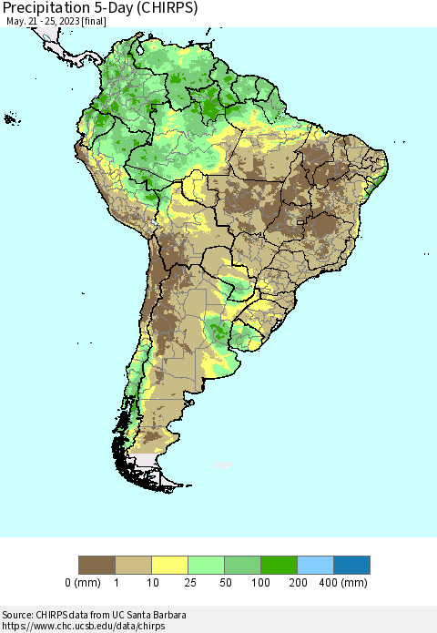 South America Precipitation 5-Day (CHIRPS) Thematic Map For 5/21/2023 - 5/25/2023