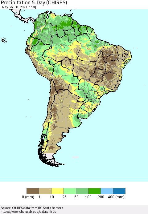 South America Precipitation 5-Day (CHIRPS) Thematic Map For 5/26/2023 - 5/31/2023