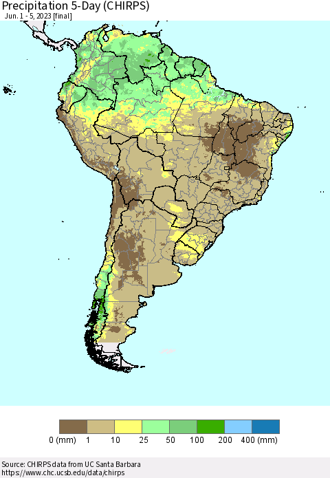 South America Precipitation 5-Day (CHIRPS) Thematic Map For 6/1/2023 - 6/5/2023