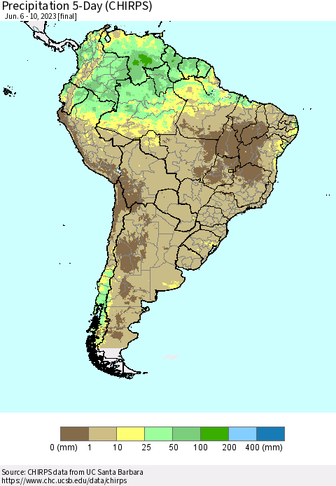 South America Precipitation 5-Day (CHIRPS) Thematic Map For 6/6/2023 - 6/10/2023