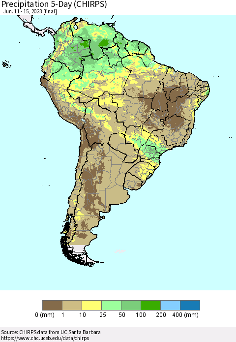 South America Precipitation 5-Day (CHIRPS) Thematic Map For 6/11/2023 - 6/15/2023