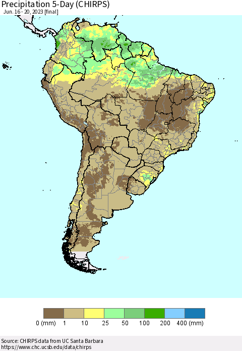 South America Precipitation 5-Day (CHIRPS) Thematic Map For 6/16/2023 - 6/20/2023