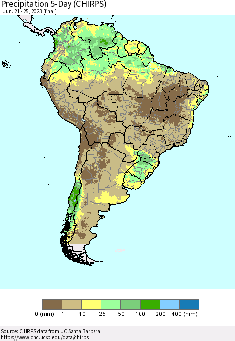 South America Precipitation 5-Day (CHIRPS) Thematic Map For 6/21/2023 - 6/25/2023