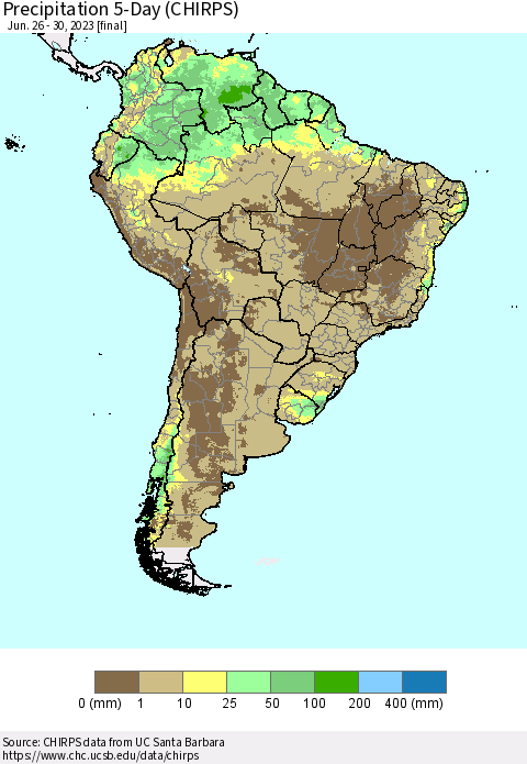 South America Precipitation 5-Day (CHIRPS) Thematic Map For 6/26/2023 - 6/30/2023