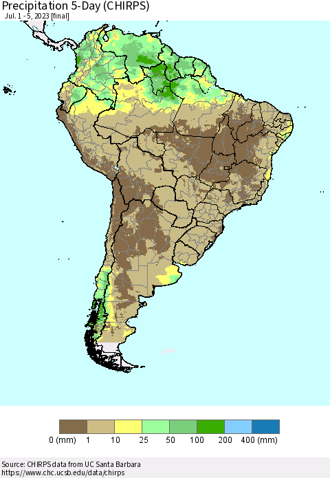 South America Precipitation 5-Day (CHIRPS) Thematic Map For 7/1/2023 - 7/5/2023