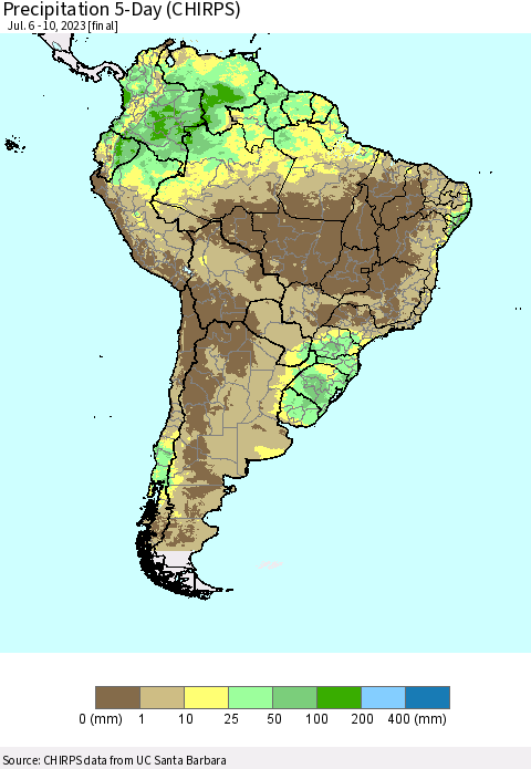 South America Precipitation 5-Day (CHIRPS) Thematic Map For 7/6/2023 - 7/10/2023