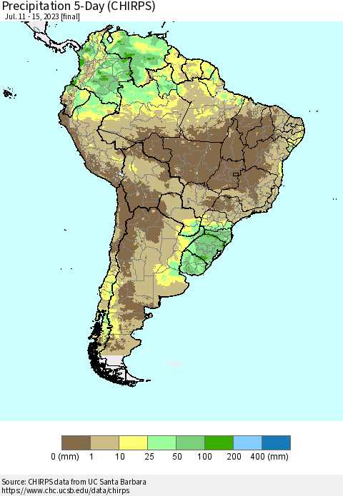 South America Precipitation 5-Day (CHIRPS) Thematic Map For 7/11/2023 - 7/15/2023