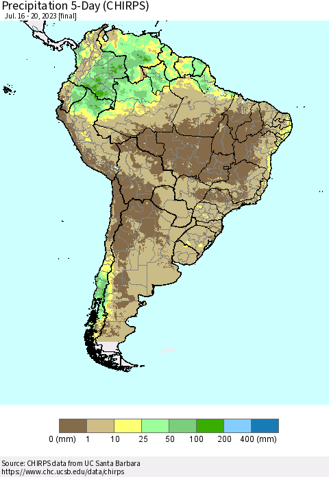 South America Precipitation 5-Day (CHIRPS) Thematic Map For 7/16/2023 - 7/20/2023