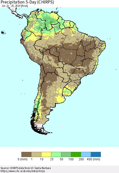 South America Precipitation 5-Day (CHIRPS) Thematic Map For 7/21/2023 - 7/25/2023