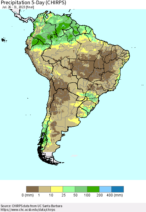 South America Precipitation 5-Day (CHIRPS) Thematic Map For 7/26/2023 - 7/31/2023