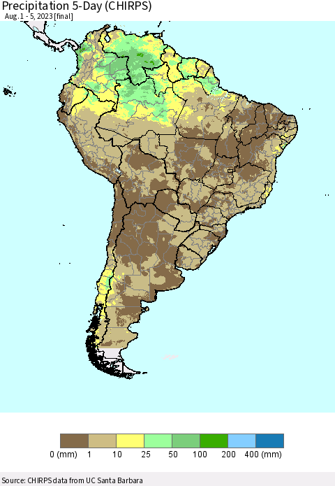 South America Precipitation 5-Day (CHIRPS) Thematic Map For 8/1/2023 - 8/5/2023