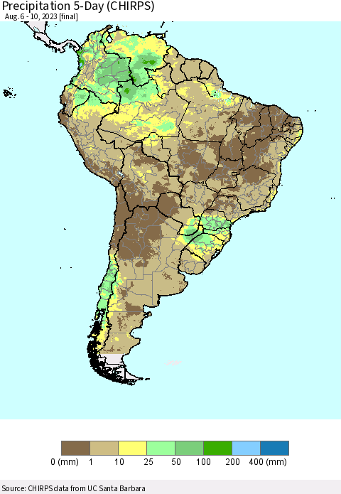 South America Precipitation 5-Day (CHIRPS) Thematic Map For 8/6/2023 - 8/10/2023