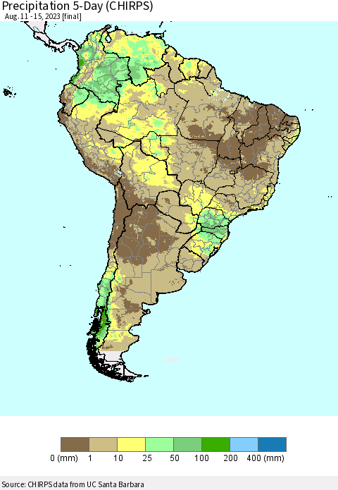South America Precipitation 5-Day (CHIRPS) Thematic Map For 8/11/2023 - 8/15/2023