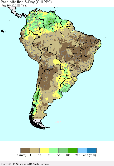 South America Precipitation 5-Day (CHIRPS) Thematic Map For 8/16/2023 - 8/20/2023