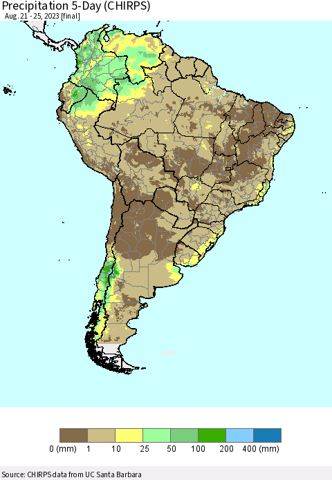 South America Precipitation 5-Day (CHIRPS) Thematic Map For 8/21/2023 - 8/25/2023