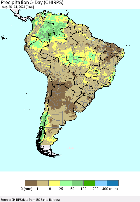 South America Precipitation 5-Day (CHIRPS) Thematic Map For 8/26/2023 - 8/31/2023