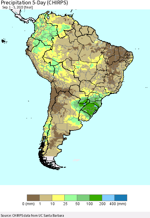 South America Precipitation 5-Day (CHIRPS) Thematic Map For 9/1/2023 - 9/5/2023
