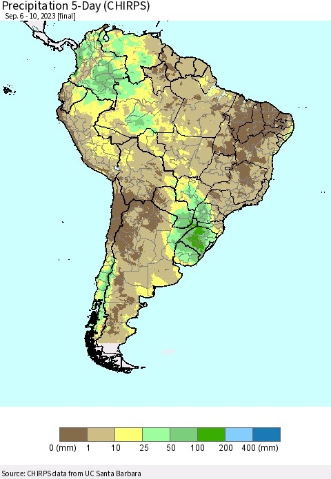 South America Precipitation 5-Day (CHIRPS) Thematic Map For 9/6/2023 - 9/10/2023