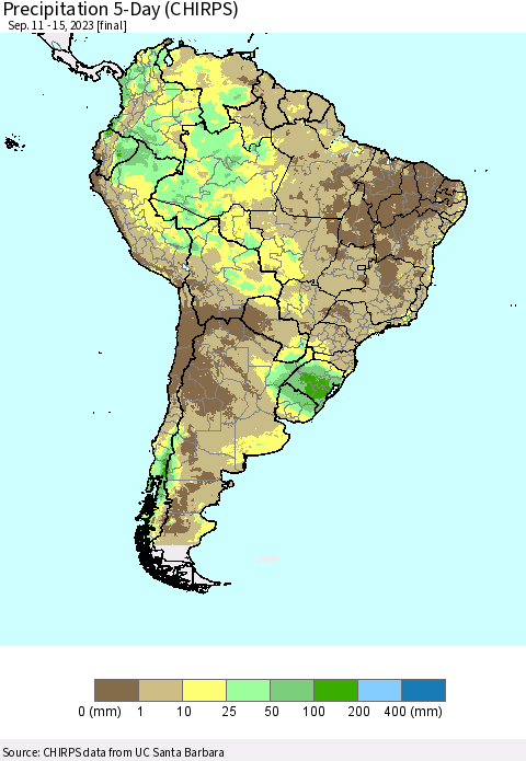 South America Precipitation 5-Day (CHIRPS) Thematic Map For 9/11/2023 - 9/15/2023