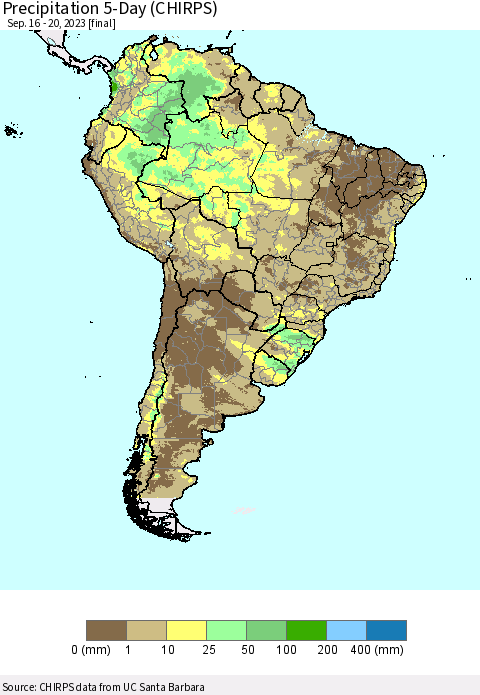 South America Precipitation 5-Day (CHIRPS) Thematic Map For 9/16/2023 - 9/20/2023