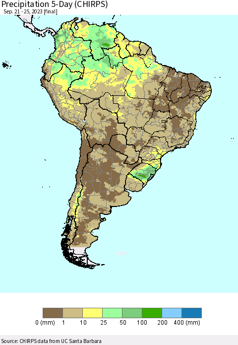 South America Precipitation 5-Day (CHIRPS) Thematic Map For 9/21/2023 - 9/25/2023