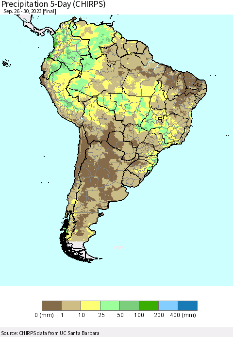 South America Precipitation 5-Day (CHIRPS) Thematic Map For 9/26/2023 - 9/30/2023