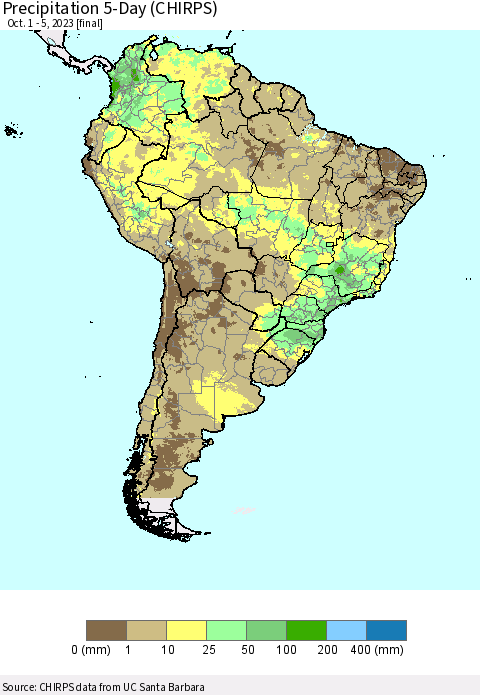South America Precipitation 5-Day (CHIRPS) Thematic Map For 10/1/2023 - 10/5/2023
