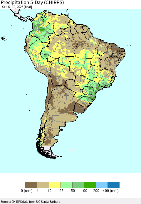 South America Precipitation 5-Day (CHIRPS) Thematic Map For 10/6/2023 - 10/10/2023