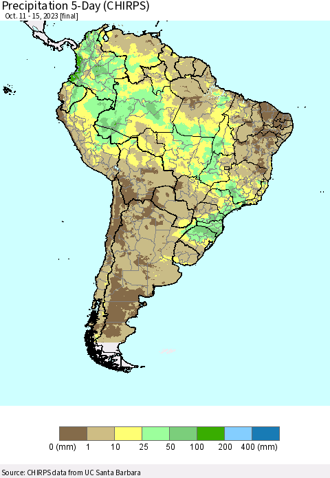 South America Precipitation 5-Day (CHIRPS) Thematic Map For 10/11/2023 - 10/15/2023