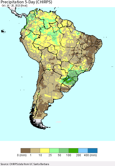 South America Precipitation 5-Day (CHIRPS) Thematic Map For 10/16/2023 - 10/20/2023