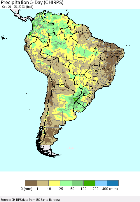 South America Precipitation 5-Day (CHIRPS) Thematic Map For 10/21/2023 - 10/25/2023