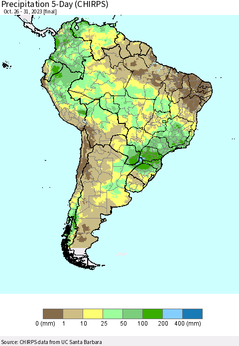 South America Precipitation 5-Day (CHIRPS) Thematic Map For 10/26/2023 - 10/31/2023