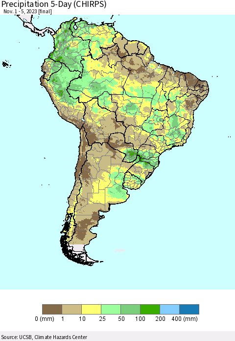 South America Precipitation 5-Day (CHIRPS) Thematic Map For 11/1/2023 - 11/5/2023