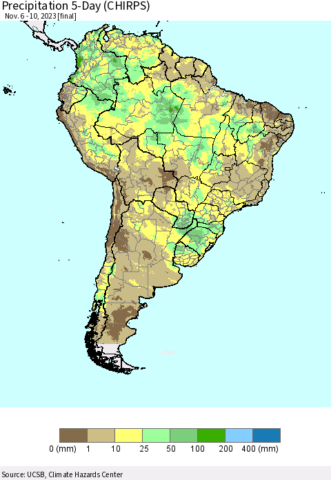 South America Precipitation 5-Day (CHIRPS) Thematic Map For 11/6/2023 - 11/10/2023