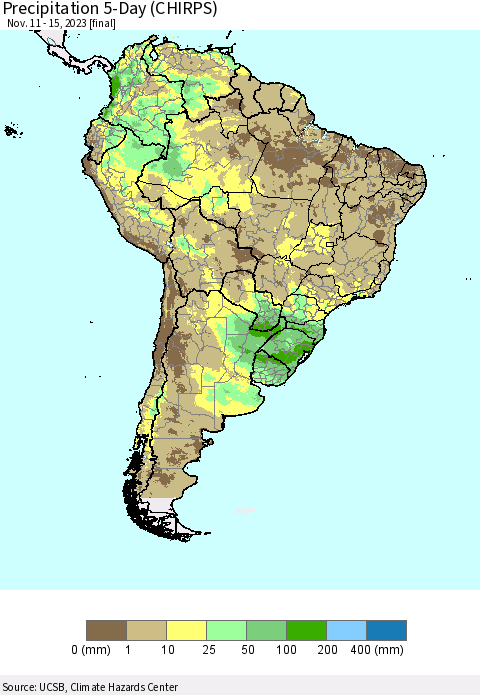 South America Precipitation 5-Day (CHIRPS) Thematic Map For 11/11/2023 - 11/15/2023