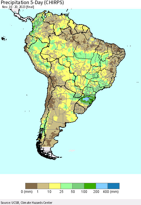 South America Precipitation 5-Day (CHIRPS) Thematic Map For 11/16/2023 - 11/20/2023
