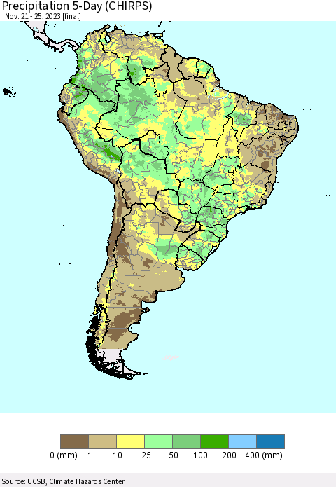 South America Precipitation 5-Day (CHIRPS) Thematic Map For 11/21/2023 - 11/25/2023