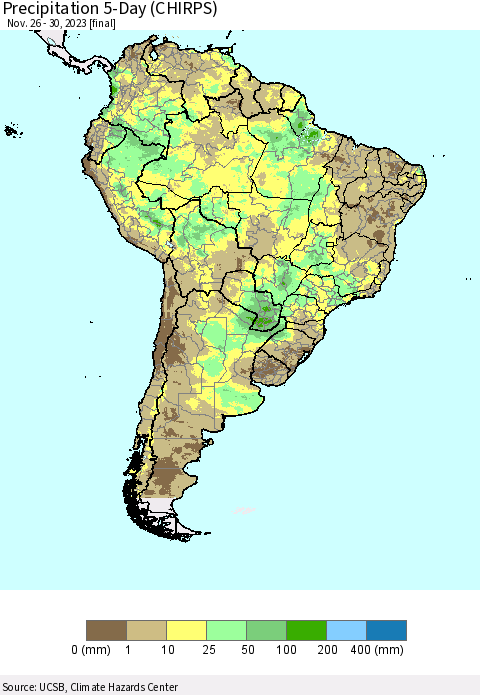 South America Precipitation 5-Day (CHIRPS) Thematic Map For 11/26/2023 - 11/30/2023