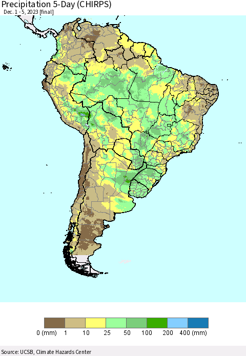 South America Precipitation 5-Day (CHIRPS) Thematic Map For 12/1/2023 - 12/5/2023