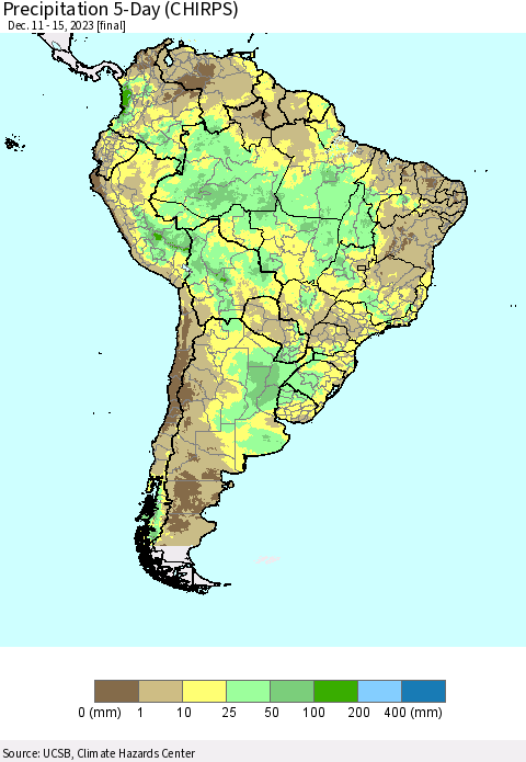 South America Precipitation 5-Day (CHIRPS) Thematic Map For 12/11/2023 - 12/15/2023