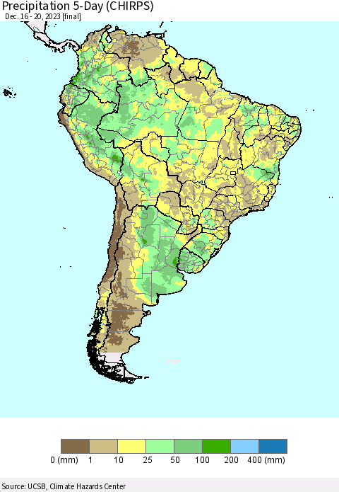 South America Precipitation 5-Day (CHIRPS) Thematic Map For 12/16/2023 - 12/20/2023