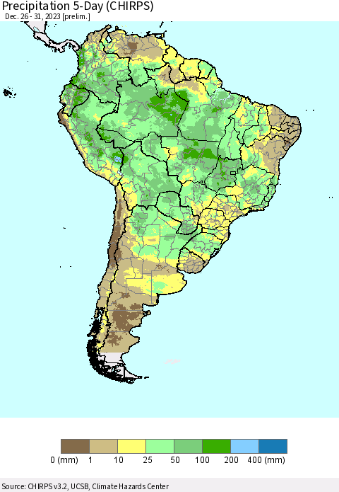 South America Precipitation 5-Day (CHIRPS) Thematic Map For 12/26/2023 - 12/31/2023
