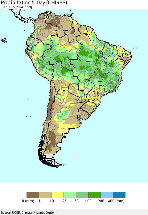 South America Precipitation 5-Day (CHIRPS) Thematic Map For 1/1/2024 - 1/5/2024