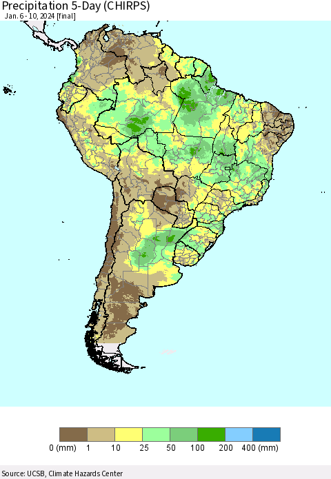 South America Precipitation 5-Day (CHIRPS) Thematic Map For 1/6/2024 - 1/10/2024
