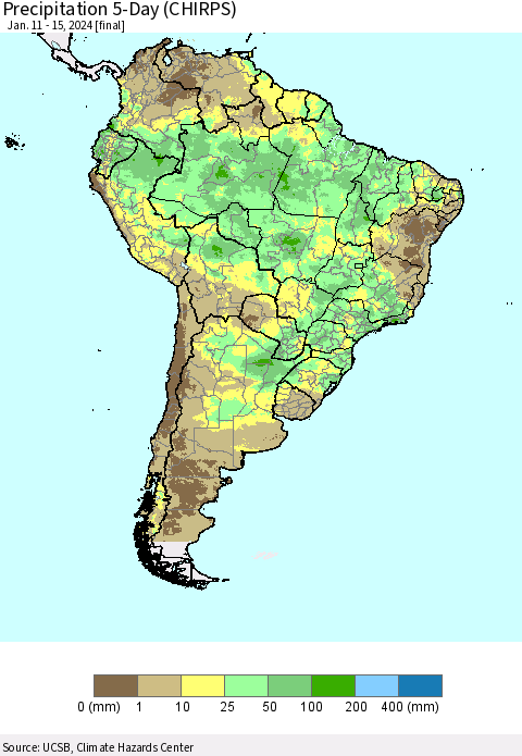 South America Precipitation 5-Day (CHIRPS) Thematic Map For 1/11/2024 - 1/15/2024