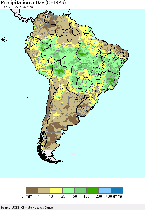 South America Precipitation 5-Day (CHIRPS) Thematic Map For 1/21/2024 - 1/25/2024