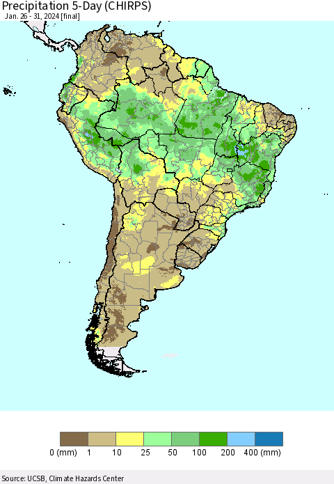 South America Precipitation 5-Day (CHIRPS) Thematic Map For 1/26/2024 - 1/31/2024